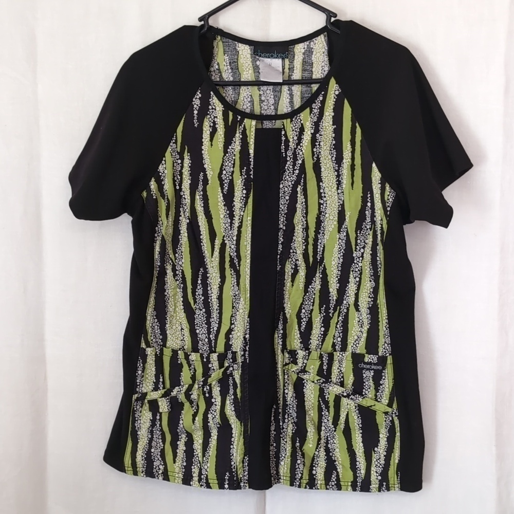 Cherokee Green Black Zebra Knit Side Scrub Top Size Medium